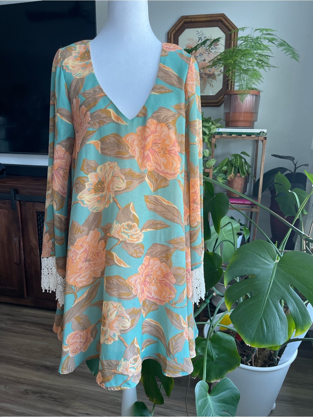 Show Me Your MuMu Portabella Crochet Trim Bell sleeve Bohimian mini dress size M
